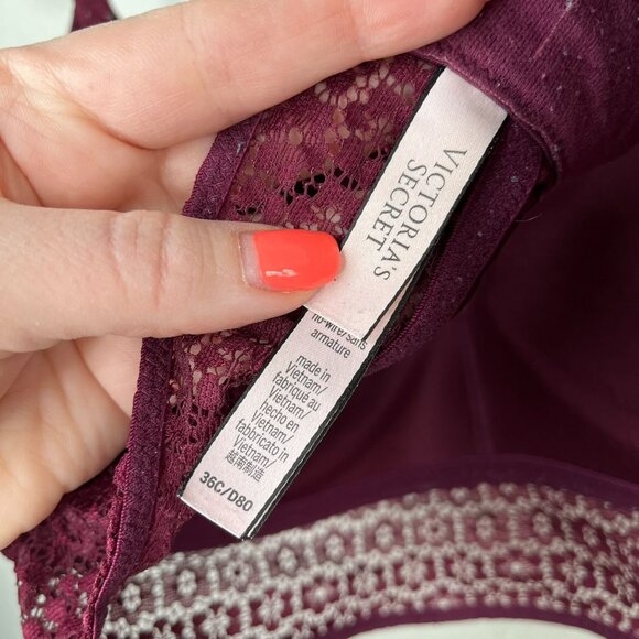 Victorias Secret Burgundy Long Line Lace Trim No Wire Bra 36C - Picture 5 of 9